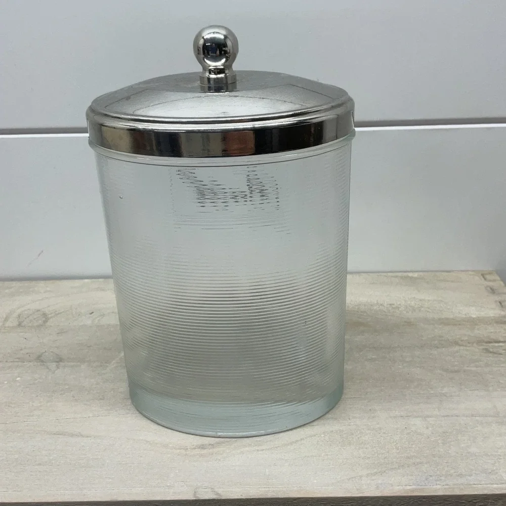 Clear Ribbed Glass Bath Apothecary Jar with Polished Chrome Lid Finial Top